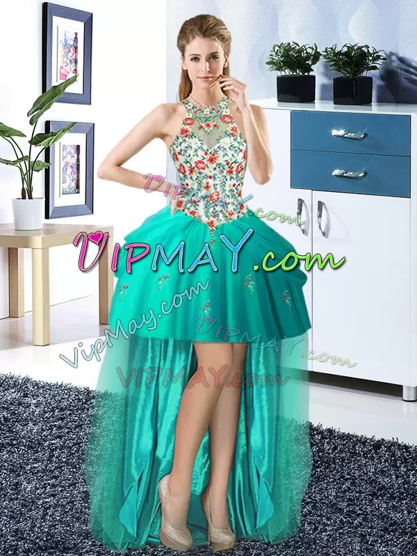 Floor Length Lace Up 15th Birthday Dress Turquoise for Military Ball and Sweet 16 and Quinceanera with Embroidery and Pick Ups