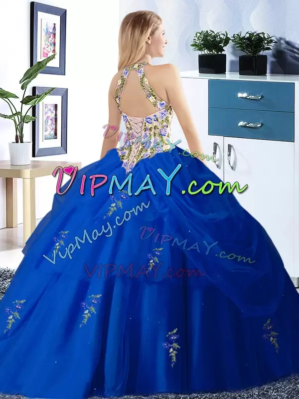 Floor Length Lace Up 15th Birthday Dress Turquoise for Military Ball and Sweet 16 and Quinceanera with Embroidery and Pick Ups