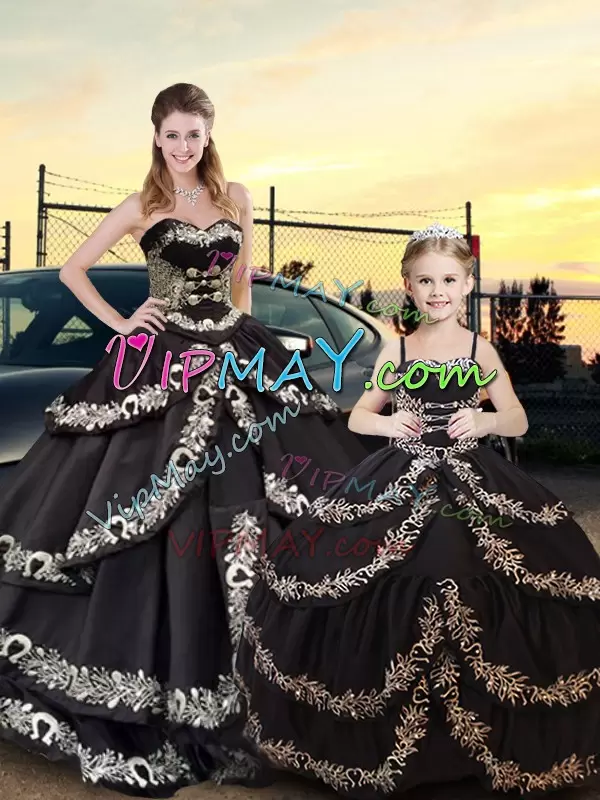 New Style Black Ball Gowns Sweetheart Sleeveless Taffeta Floor Length Lace Up Embroidery and Ruffled Layers Vestidos de Quinceanera