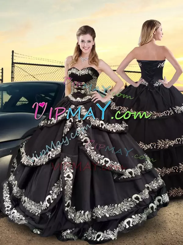 New Style Black Ball Gowns Sweetheart Sleeveless Taffeta Floor Length Lace Up Embroidery and Ruffled Layers Vestidos de Quinceanera