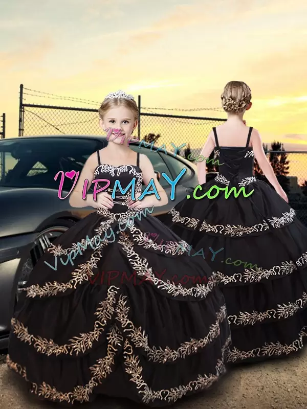 New Style Black Ball Gowns Sweetheart Sleeveless Taffeta Floor Length Lace Up Embroidery and Ruffled Layers Vestidos de Quinceanera