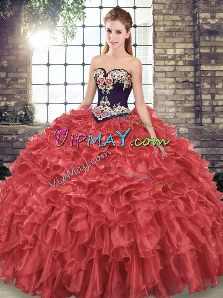 Red Sweetheart Neckline Embroidery and Ruffles Sweet 16 Dresses Sleeveless Lace Up