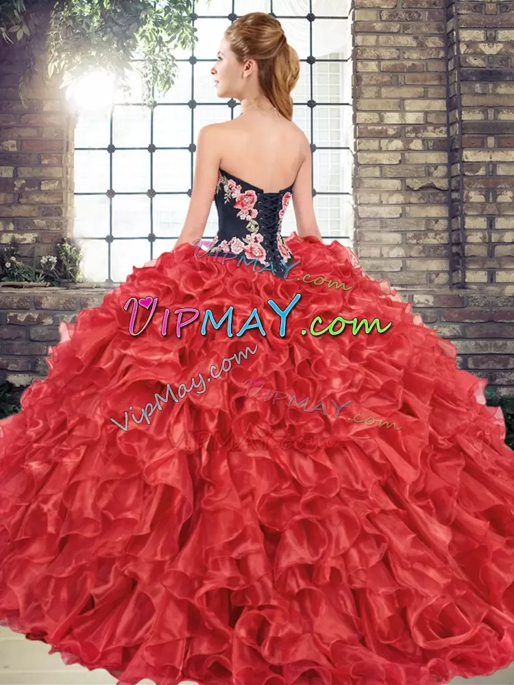 Red Sweetheart Neckline Embroidery and Ruffles Sweet 16 Dresses Sleeveless Lace Up