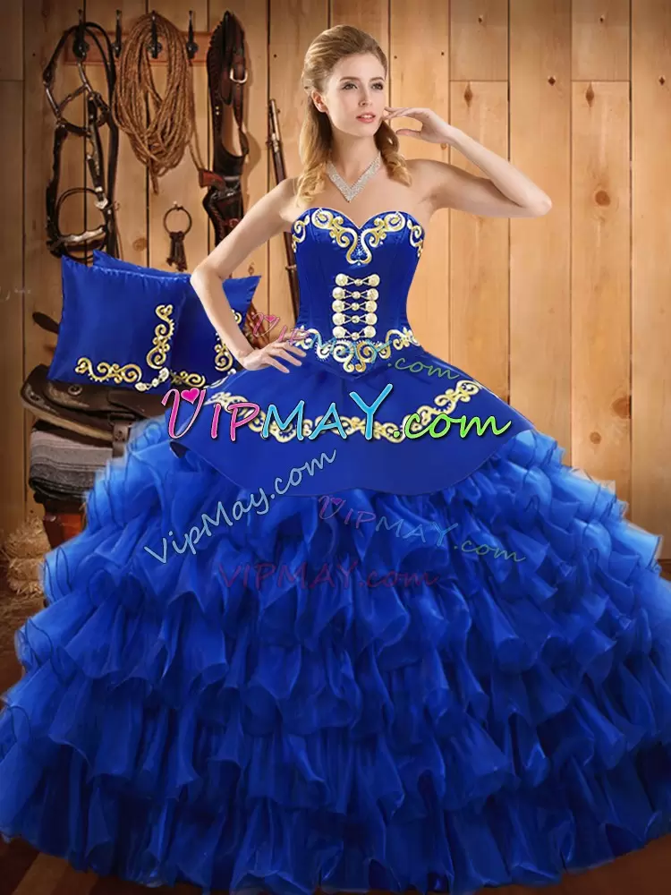 Blue Lace Up Quinceanera Dress Embroidery and Ruffled Layers Sleeveless Floor Length