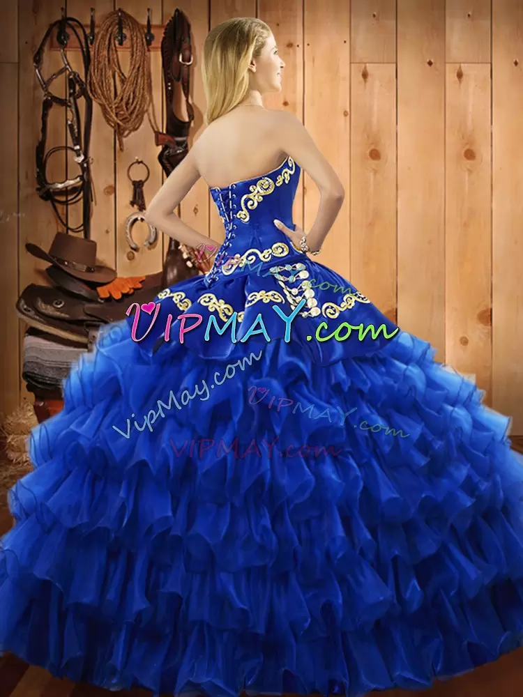 Blue Lace Up Quinceanera Dress Embroidery and Ruffled Layers Sleeveless Floor Length