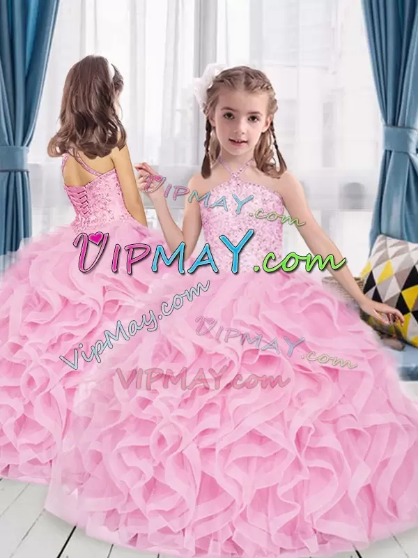 Halter Top Sleeveless Lace Up 15 Quinceanera Dress Rose Pink Tulle Beading and Ruffles
