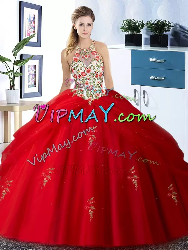 Sleeveless Floor Length Embroidery and Pick Ups Lace Up Sweet 16 Dresses with Red