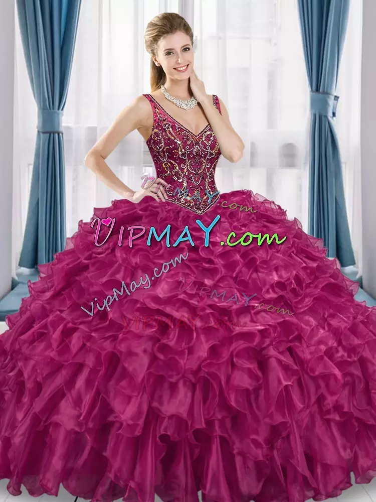 Sleeveless Floor Length Beading Lace Up Sweet 16 Dresses with Fuchsia