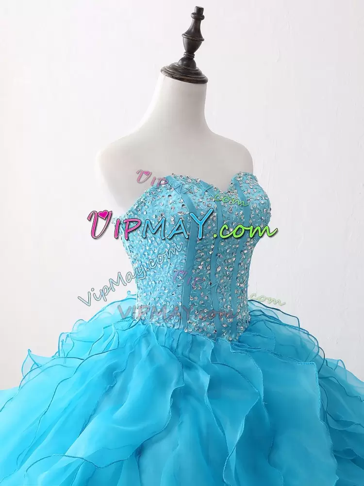Top Selling Baby Blue Sweetheart Neckline Beading and Ruffles Quinceanera Dresses Sleeveless Lace Up