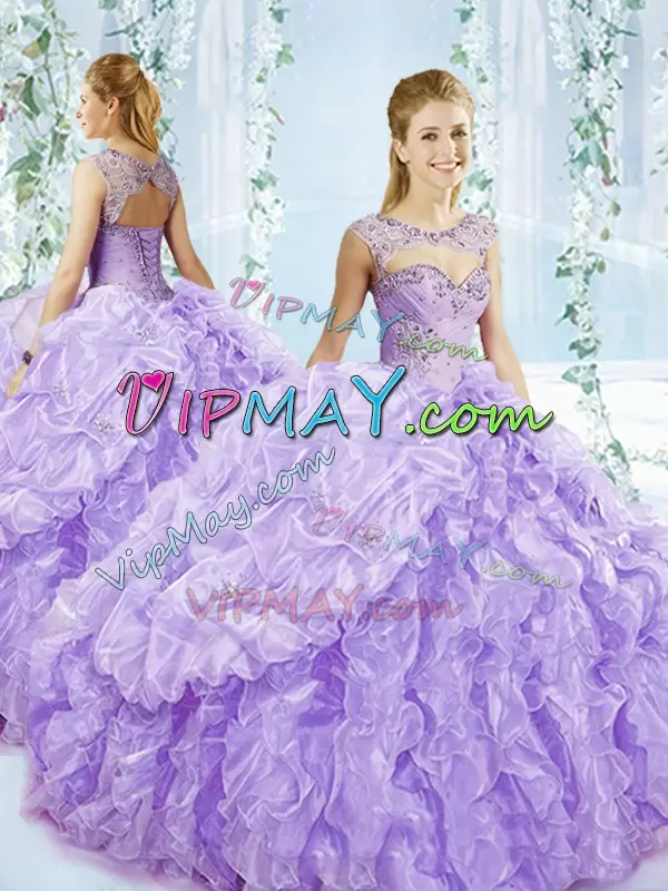 Fashionable Sleeveless Sweetheart Brush Train Beading and Pick Ups Lace Up Quinceanera Dresses