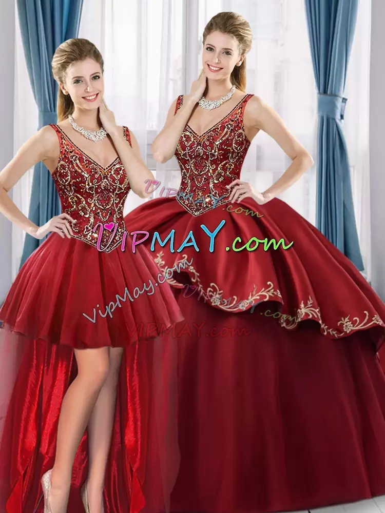 Wine Red Ball Gowns Satin and Tulle V-neck Sleeveless Beading and Embroidery Floor Length Lace Up Sweet 16 Quinceanera Dress