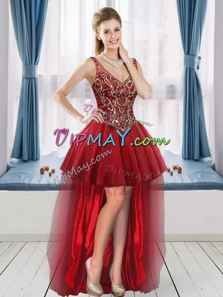 Wine Red Ball Gowns Satin and Tulle V-neck Sleeveless Beading and Embroidery Floor Length Lace Up Sweet 16 Quinceanera Dress