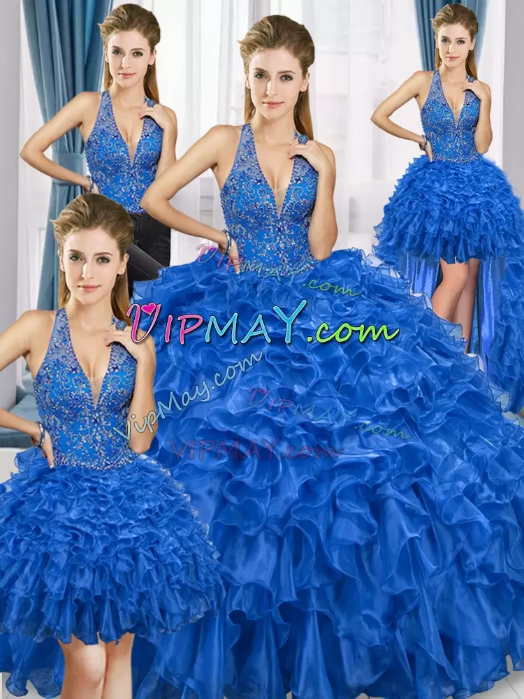 Cheap Royal Blue Ball Gowns Organza Halter Top Sleeveless Beading and Ruffles Floor Length Lace Up Quinceanera Gown