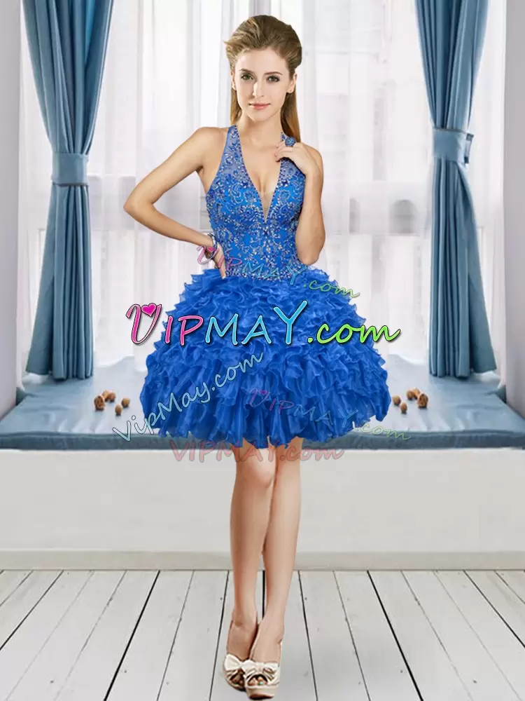 Cheap Royal Blue Ball Gowns Organza Halter Top Sleeveless Beading and Ruffles Floor Length Lace Up Quinceanera Gown