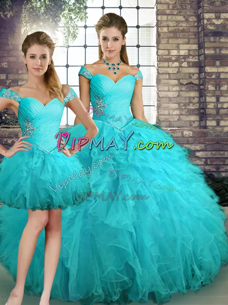 Adorable Aqua Blue Tulle Lace Up Sweet 16 Quinceanera Dress Sleeveless Floor Length Beading and Ruffles