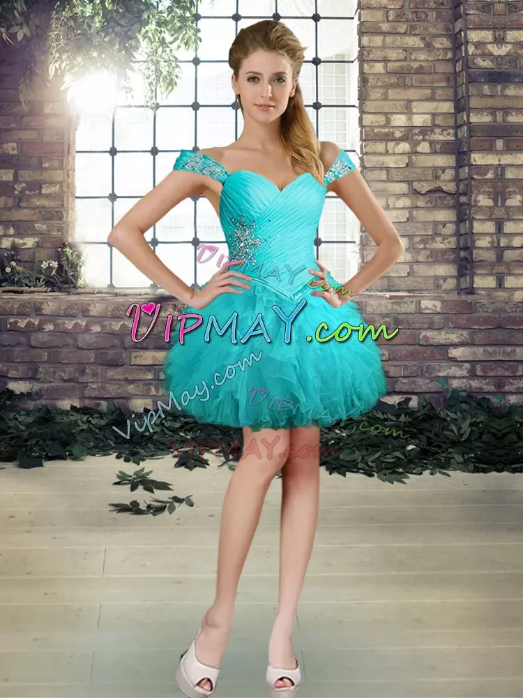 Adorable Aqua Blue Tulle Lace Up Sweet 16 Quinceanera Dress Sleeveless Floor Length Beading and Ruffles