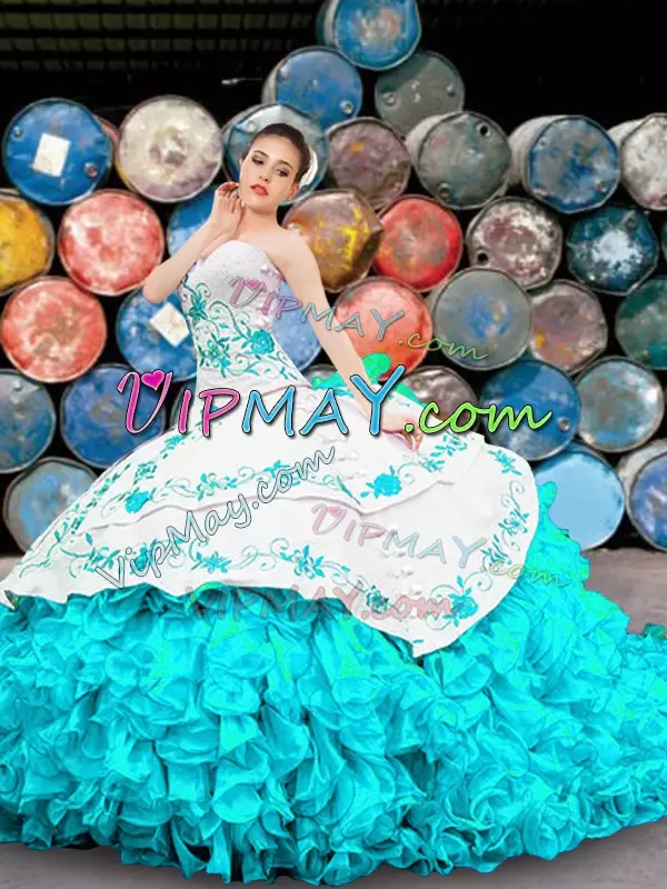 Custom Design Organza Sweetheart Sleeveless Lace Up Appliques and Embroidery and Ruffles Quince Ball Gowns in Blue And White