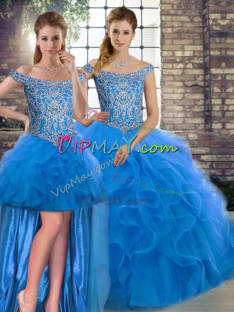 Brush Train Three Pieces Vestidos de Quinceanera Blue Off The Shoulder Tulle Sleeveless Lace Up