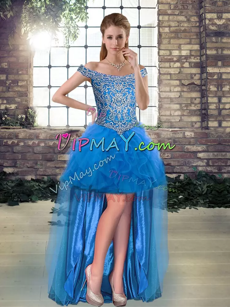 Brush Train Three Pieces Vestidos de Quinceanera Blue Off The Shoulder Tulle Sleeveless Lace Up