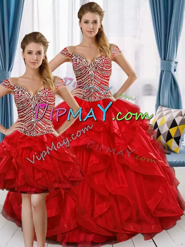 Three Pieces Quinceanera Dress Red Off The Shoulder Tulle Cap Sleeves Floor Length Lace Up