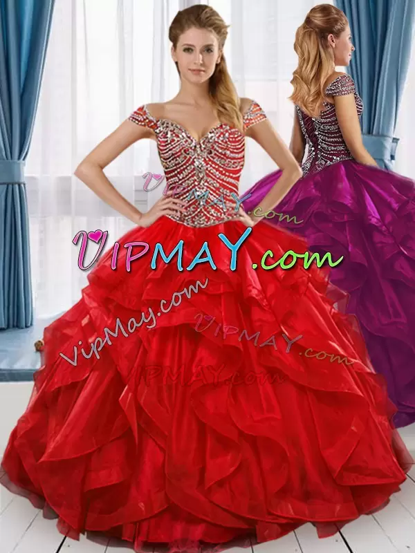 Three Pieces Quinceanera Dress Red Off The Shoulder Tulle Cap Sleeves Floor Length Lace Up