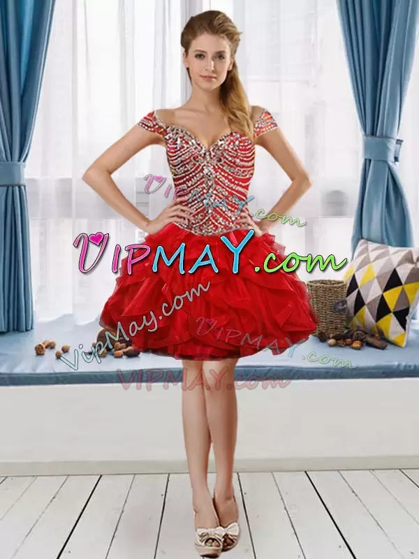 Three Pieces Quinceanera Dress Red Off The Shoulder Tulle Cap Sleeves Floor Length Lace Up