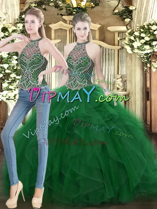 Beauteous Dark Green Organza Lace Up High-neck Sleeveless Floor Length Ball Gown Prom Dress Beading and Ruffles
