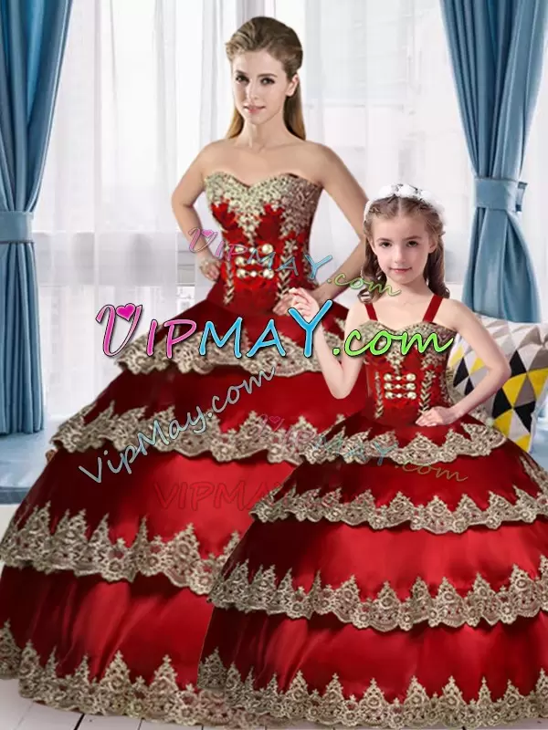 Great Sleeveless Floor Length Beading and Ruffled Layers Lace Up Quinceanera Dress with Wine Red