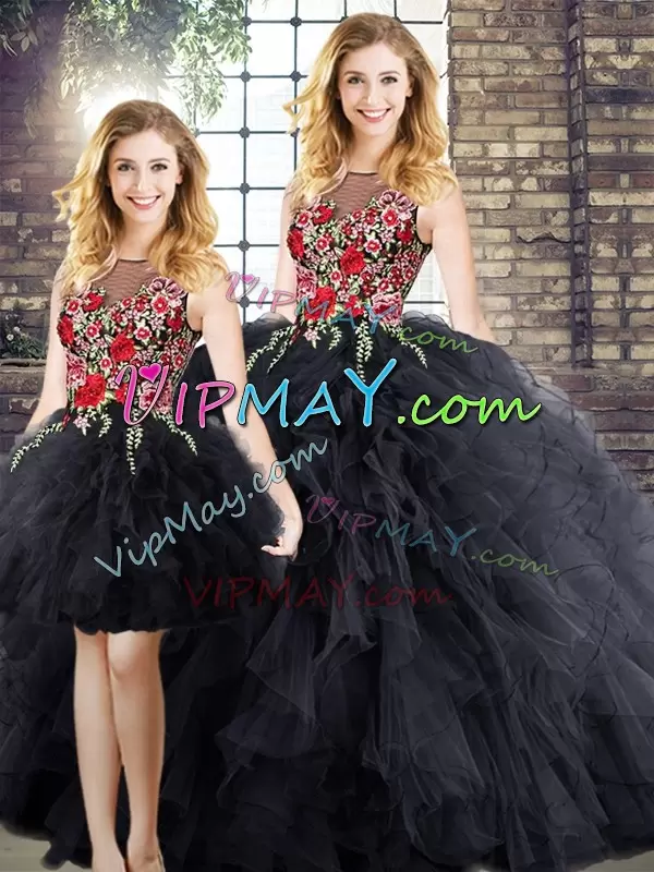 Black Ball Gowns Scoop Sleeveless Floor Length Zipper Embroidery and Ruffles 15th Birthday Dress