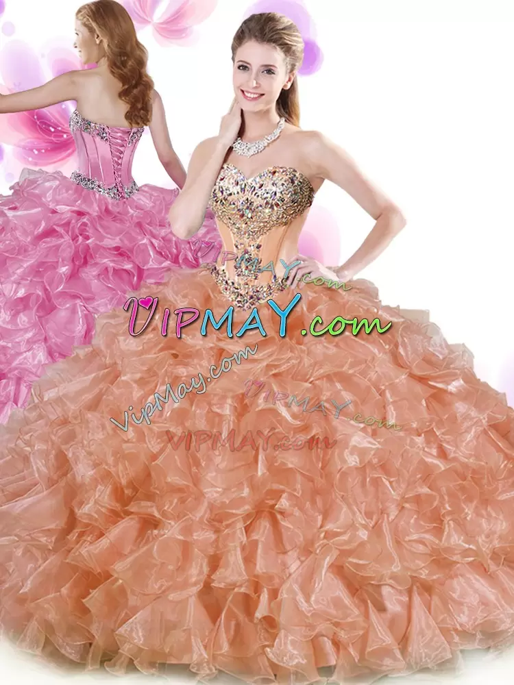 Rust Red and Peach Organza Lace Up Sweetheart Sleeveless Floor Length 15th Birthday Dress Beading and Ruffles