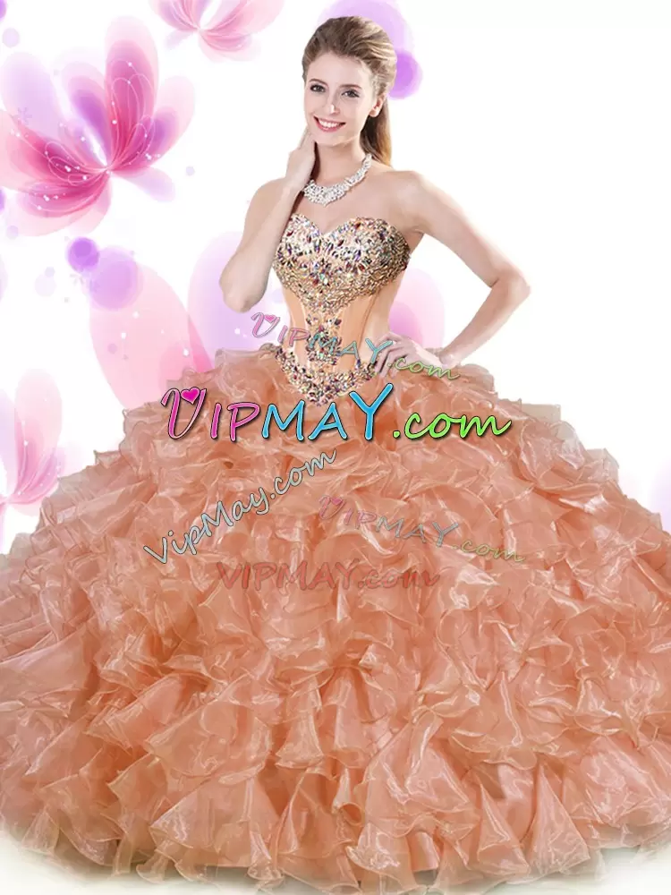 Rust Red and Peach Organza Lace Up Sweetheart Sleeveless Floor Length 15th Birthday Dress Beading and Ruffles