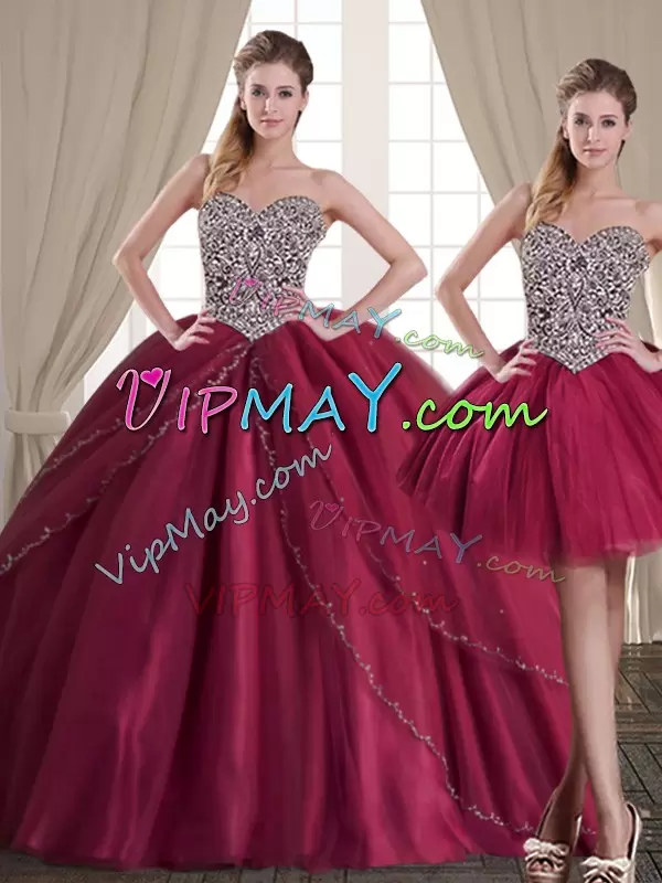 Custom Design Sleeveless Tulle Floor Length Lace Up Quinceanera Gown in Burgundy with Beading