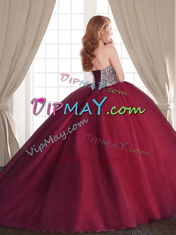 Custom Design Sleeveless Tulle Floor Length Lace Up Quinceanera Gown in Burgundy with Beading