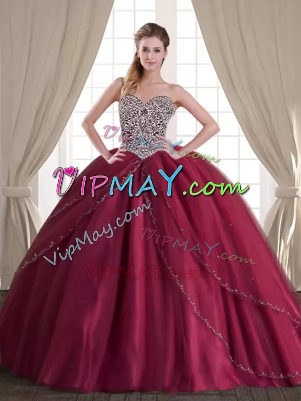 Custom Design Sleeveless Tulle Floor Length Lace Up Quinceanera Gown in Burgundy with Beading