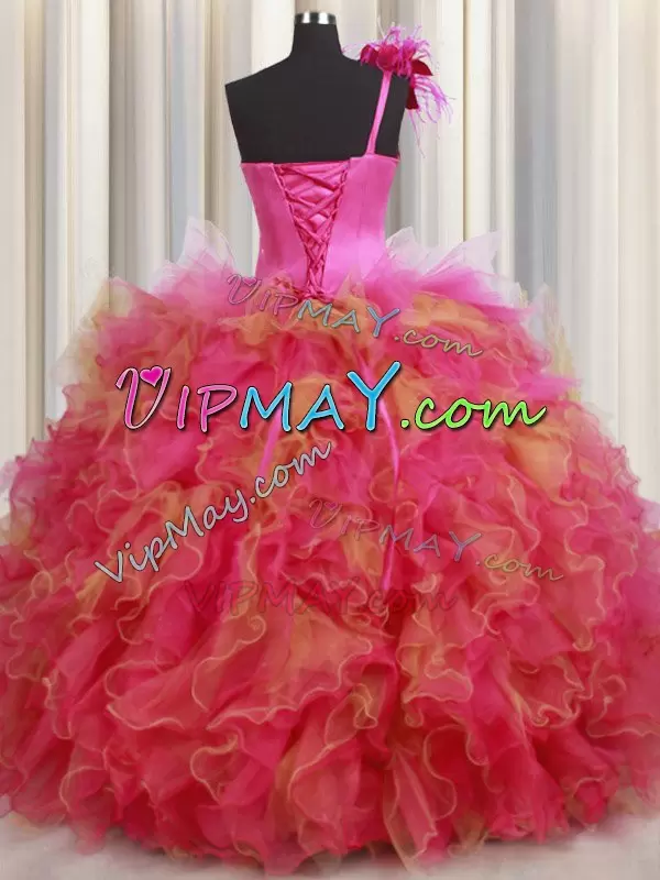 One Shoulder Sleeveless Organza and Tulle Sweet 16 Quinceanera Dress Beading and Ruffles and Hand Made Flower Lace Up