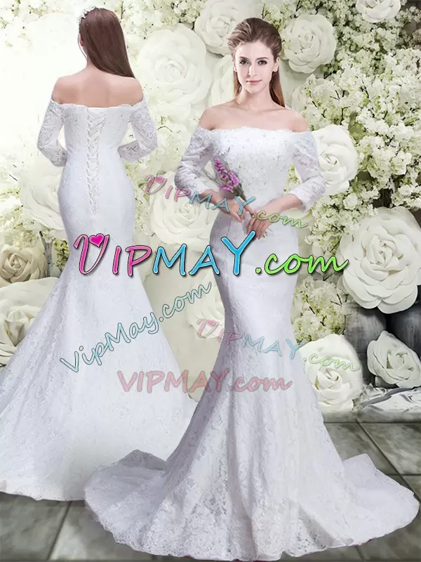 White Sweet 16 Dress Wedding Party with Lace Off The Shoulder 3 4 Length Sleeve Brush Train Lace Up