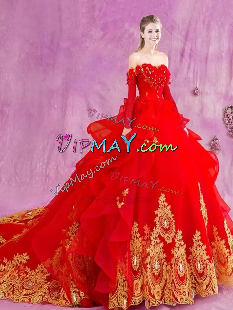 Red Tulle Lace Up Vestidos de Quinceanera Sleeveless Court Train Appliques and Ruffles