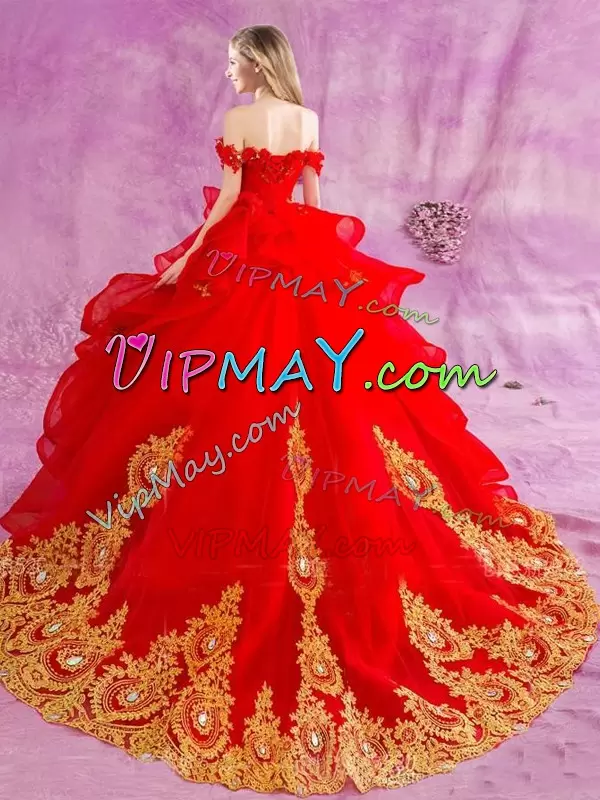 Red Tulle Lace Up Vestidos de Quinceanera Sleeveless Court Train Appliques and Ruffles