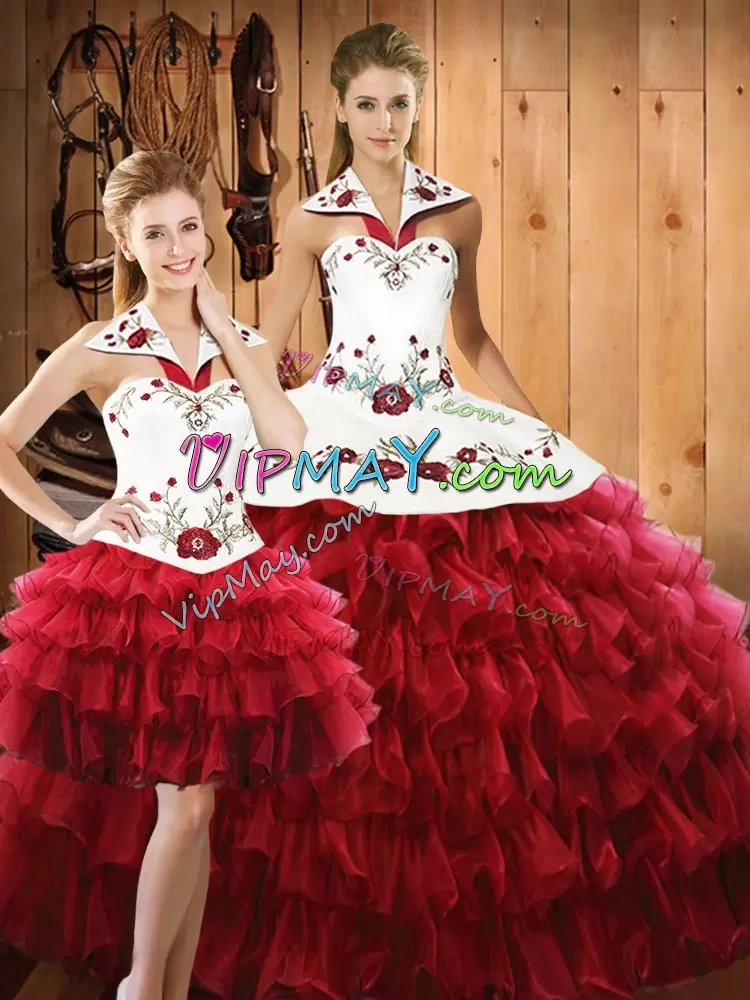 Wine Red Halter Top Lace Up Embroidery and Ruffled Layers Quinceanera Dresses Sleeveless