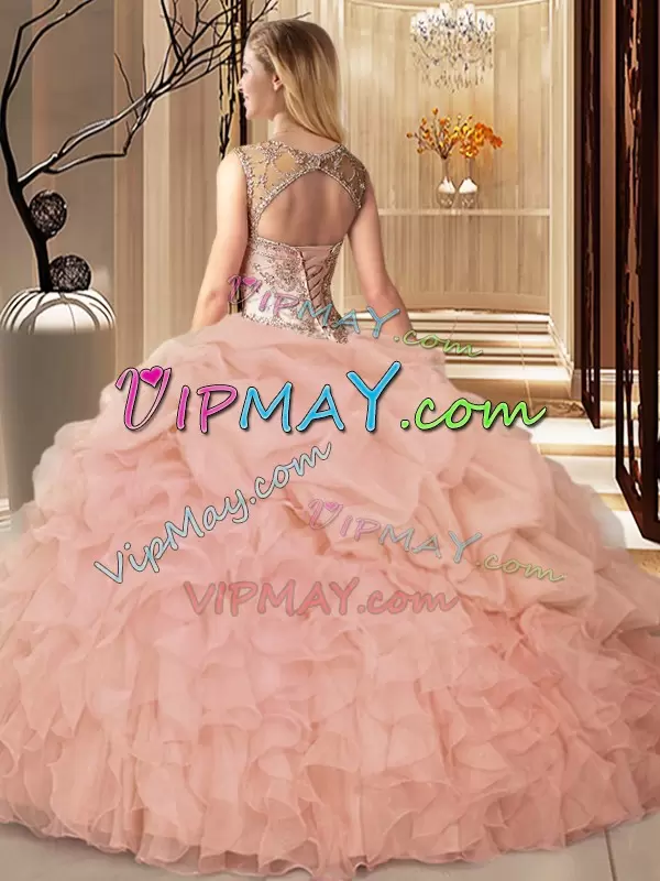 Elegant Organza Scoop See Through Neckline Ruffles and Pick Ups Sweet 16 Quinceanera Dress in Pink