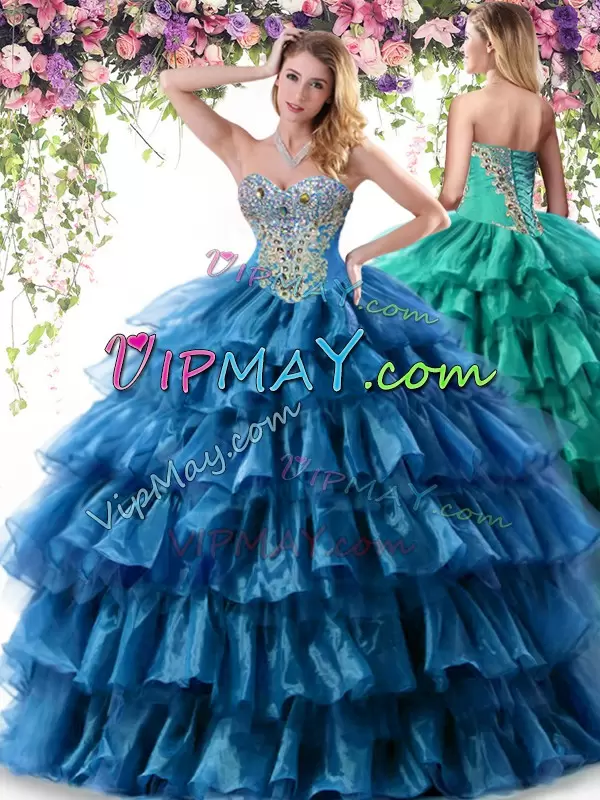 Designer Teal Ball Gowns Beading and Ruffled Layers Ball Gown Prom Dress Lace Up Organza Sleeveless Floor Length