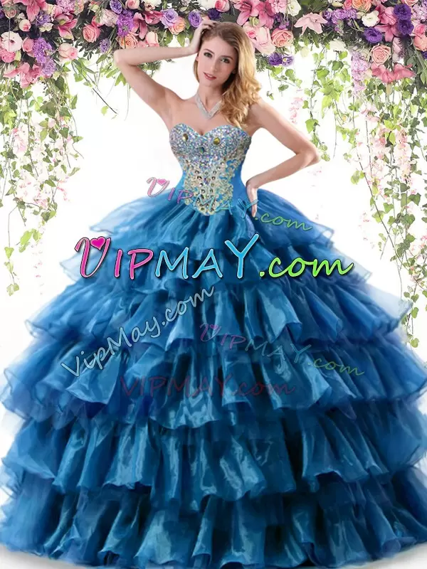 Designer Teal Ball Gowns Beading and Ruffled Layers Ball Gown Prom Dress Lace Up Organza Sleeveless Floor Length