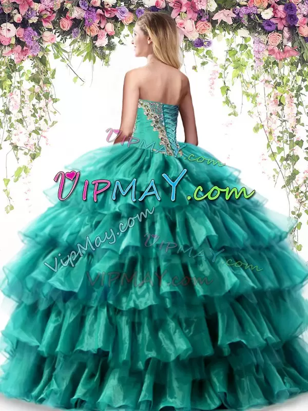 Designer Teal Ball Gowns Beading and Ruffled Layers Ball Gown Prom Dress Lace Up Organza Sleeveless Floor Length