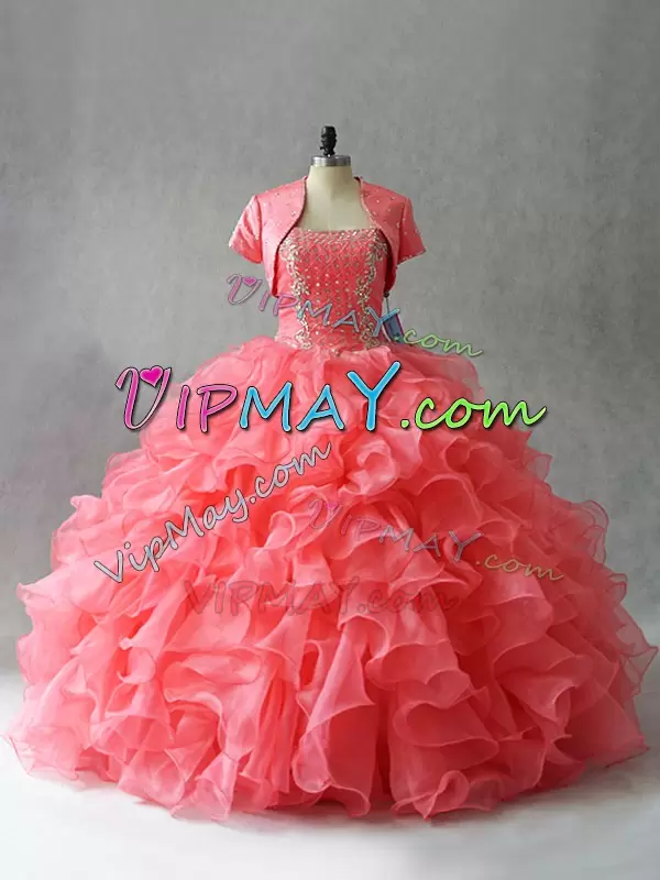 Sleeveless Floor Length Beading Lace Up Quinceanera Gown with Watermelon Red