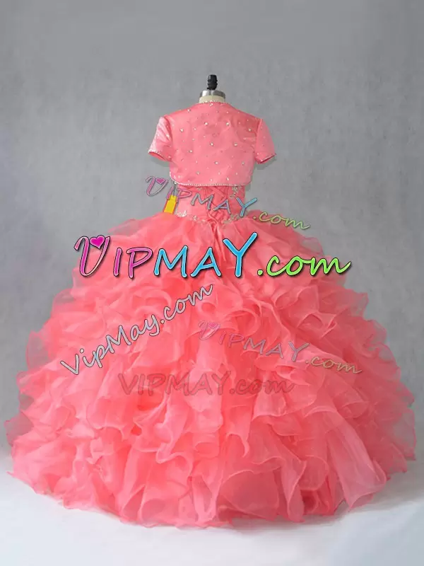 Sleeveless Floor Length Beading Lace Up Quinceanera Gown with Watermelon Red