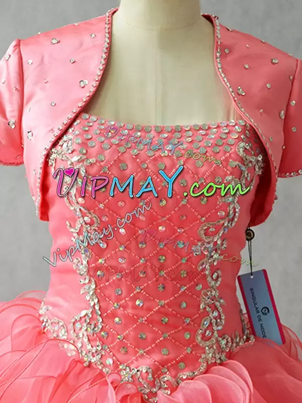 Sleeveless Floor Length Beading Lace Up Quinceanera Gown with Watermelon Red