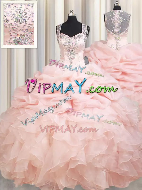 Dazzling Pink Zipper Quinceanera Gowns Beading and Ruffles and Pick Ups Sleeveless Brush Train