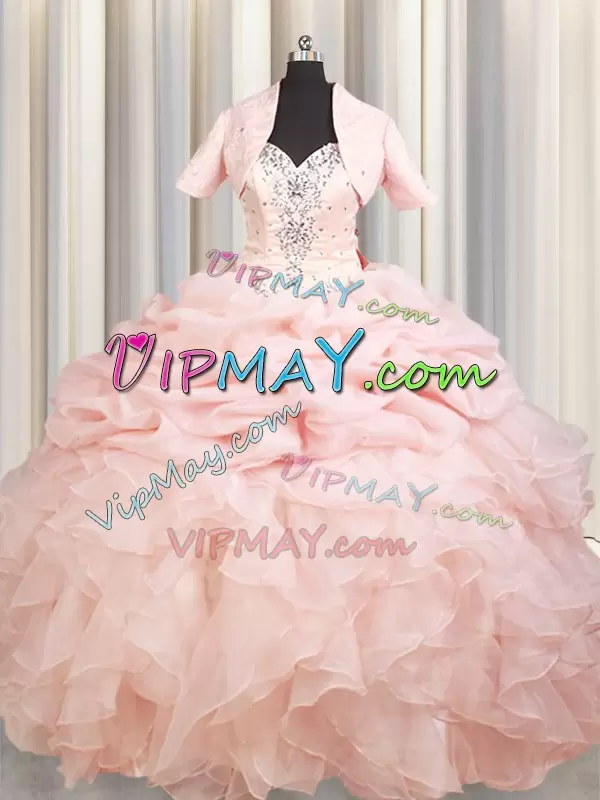 Dazzling Pink Zipper Quinceanera Gowns Beading and Ruffles and Pick Ups Sleeveless Brush Train