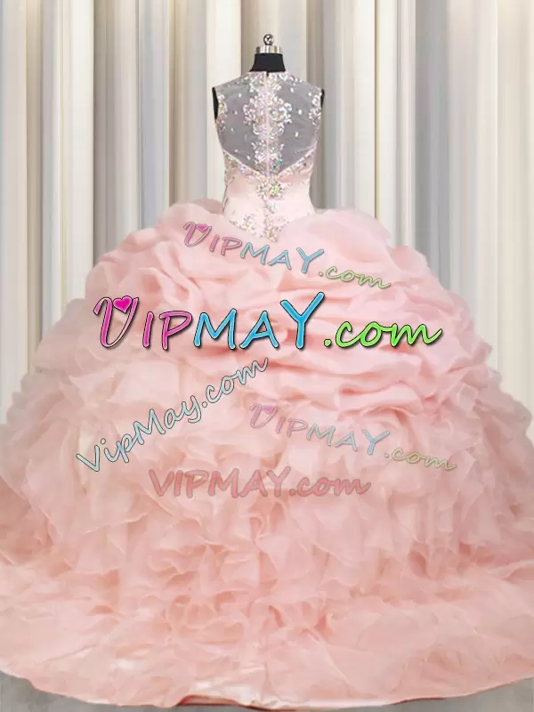 Dazzling Pink Zipper Quinceanera Gowns Beading and Ruffles and Pick Ups Sleeveless Brush Train