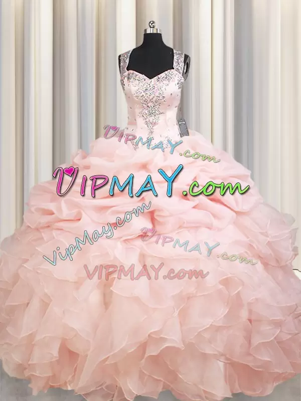 Dazzling Pink Zipper Quinceanera Gowns Beading and Ruffles and Pick Ups Sleeveless Brush Train